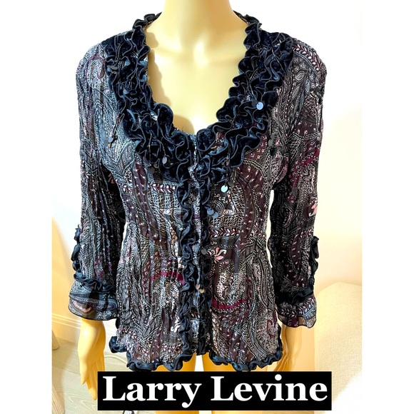 Signature by Larry Levine Tops - Larry Levine V Neck Ruffled Beaded Top Sz Lg